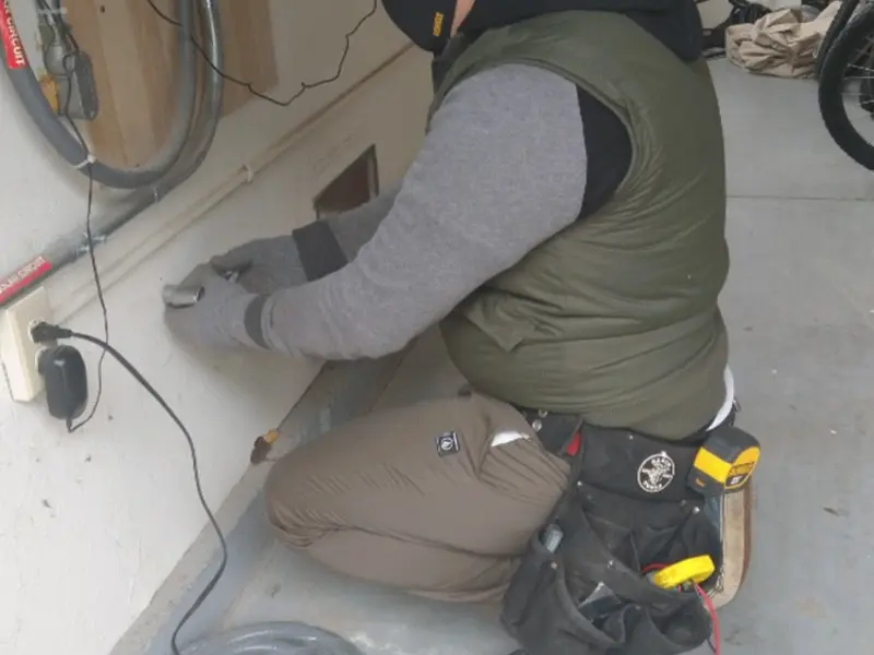 Electrician performing outlet wiring in a Edwardsville garage